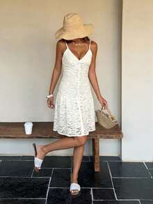 DAZY Solid Color Jacquard Long Strap Casual Tropical Lacy Boho Wedding Summer Women's Tank Top Beach Garden Party Vacation White - Apricot - View 4