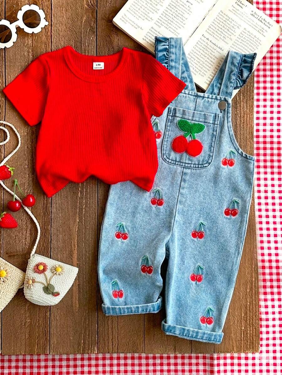 SHEIN Playful Pals 1件女嬰藍色牛仔休閒可愛刺繡花卉吊帶連身長褲,適合外出與派對,秋季穿著 - 紅色 - 查看 1