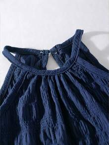 SHEIN Vintaside Kids 女童休閒簡約時尚日常圓領掛脖無袖短版純色紋理面料訂製綠色背心搭配彈性腰鬆長休閒長褲套裝，返校穿搭，夏季出遊與度假服飾 - 藏蓝色 - 查看 5