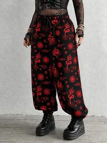 Whyspr Plus Size Dark Style Patchwork Print Loose Pants Fall - Black - View 3