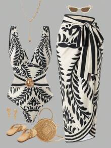 Swim Oasis Women's Elegant Black And White Botanical Print V-Neck One-Piece Swimsuit For Summer Beach Vacation With Beach Maxi Skirt - Multicolor - View 3