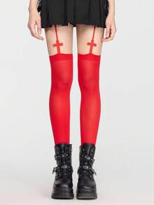 ROMWE Goth 1雙多巴胺紅十字襪 - 紅色 - 查看 1