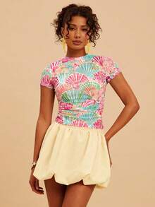 Travachic 2026 Spring/Summer New Women's Slim Fit Printed Short Sleeve Mesh Sheer Ruched Cool Top, Suitable For Vacation/Casual Wear In Various Relaxing Occasions - Multicolor - View 3