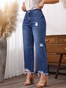 SHEIN PETITE 女款時尚百搭口袋鈕扣磨損毛邊牛仔褲 - 深色水洗藍 - 查看 5
