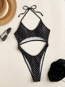 Swim SXY Summer Beach Women's Vacation American Independence Day Cut-Out Backless Halter Neck Sexy High-Cut One-Piece Swimsuit - Black and White - View 1