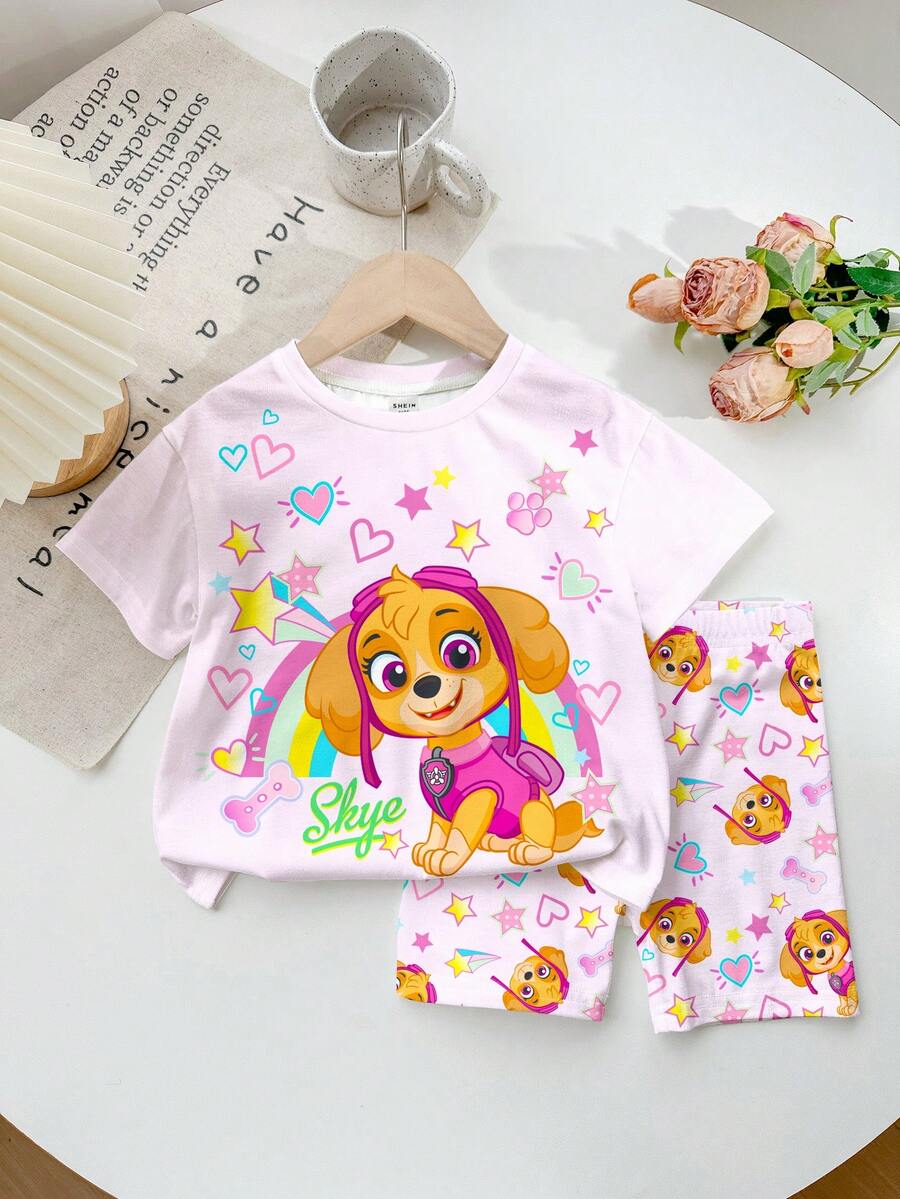 SHEIN | PAW Patrol 女童小女孩圓領字母卡通印花短袖T恤與短褲休閒日常套裝 - 彩色 - 查看 1