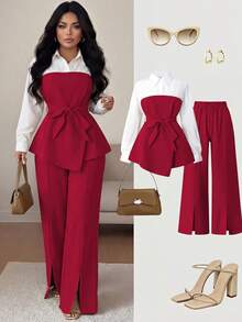 SHEIN LUNE CURVE 大尺碼女款拼色腰部打結長袖上衣與彈性腰長褲休閒日常套裝 - 紅色 - 查看 7