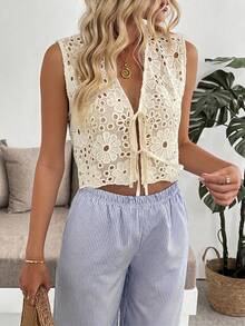 SHEIN PariChic 女款蕾絲鏤空刺繡無袖優雅背心上衣 - 杏色 - 查看 3