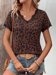 Selamara Women's Spring/Summer New Hot-Selling Leopard Print Pattern Small Ruffle Patchwork Design V-Neck Casual Versatile T-Shirt - Multicolor - View 5