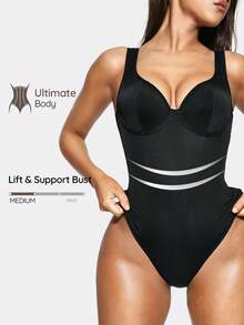 SHAPORA American Sexy Style Solid Color Sleeveless Underwire Seamless Camisole Jumpsuit, Cotton Crotch - Black - View 1