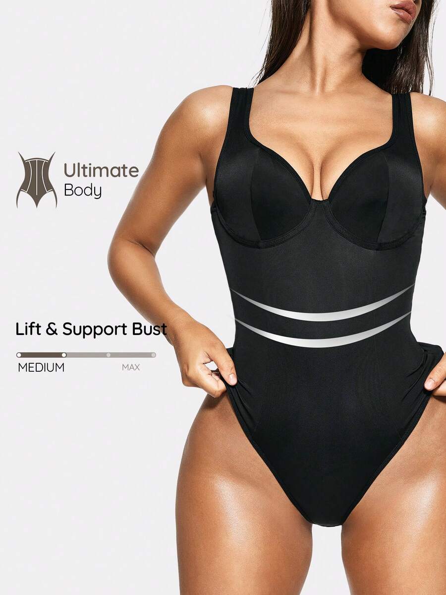 SHAPORA American Sexy Style Solid Color Sleeveless Underwire Seamless Camisole Jumpsuit, Cotton Crotch - Black - View 1