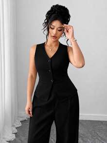SHEIN Tall CURVE Conjunto Plus Size Feminino 2 Peças Elegante Cor Sólida Decote em V Colete Blazer Sem Mangas e Calça Longa Reta, Adequado para Uso Profissional e Deslocamento - Preto - Visão 6