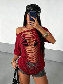 StreetHx Women's White Ripped Front Sexy Hollow Out Fringe Design Street Wear Y2K Baddie Punk Rock Oversized Suitable For Music Festivals Short Sleeve T-Shirt - Burgundy - View 6