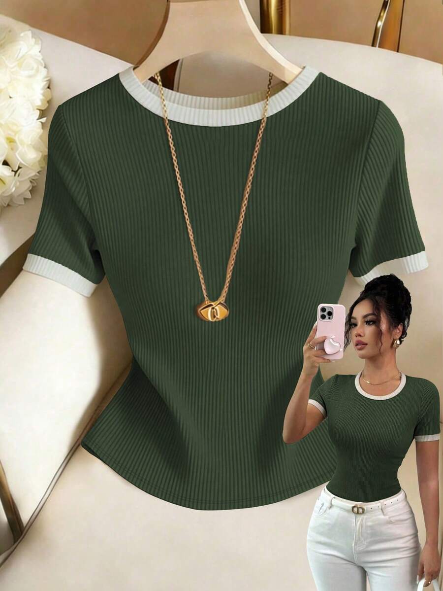 Elenzga Kaos Kasual Wanita Lengan Pendek Leher Bulat Potongan Slim Fit - Dark Green - View 1
