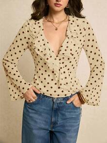 Poéselle Women's Polka Dot Pattern Patchwork Ruffle Long Sleeve Blouse - Light Yellow - View 5