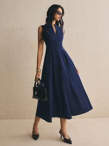 Poéselle Women's Solid Color Zipper Design Sleeveless Elegant Long Dress Office Tea Party Dinner Date Navy Blue Summer Teachers' Day - Navy Blue - View 7