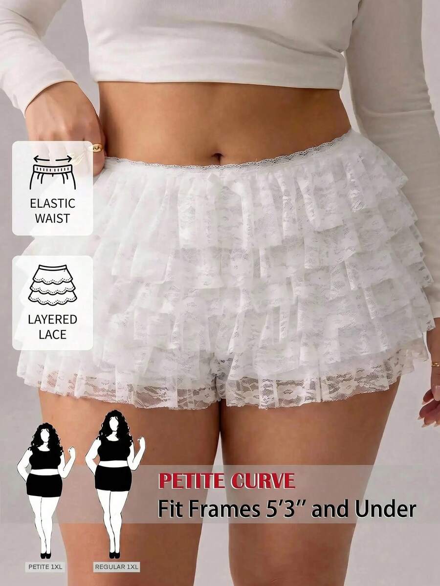 SHEIN PETITE CURVE CURVE Plus Size Women's White Contrast Lace Ruffle Hem Shorts,Cute High-Waisted Petite Summer Shorts For Party,Rave,Beach Vacations&Carnival - White - View 1