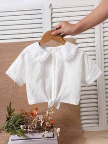 SHEIN Genkimix Kids 少女度假海灘休閒百搭刺繡鏤空白色寬鬆短袖襯衫，適合假期、夏季、旅行 - 白色 - 查看 4