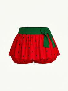 Sweetra Plus Size Watermelon Print Elastic Waist Cute Bow Decor Shorts Vacation Red Summer Wedding Guest Casual - Multicolor - View 3