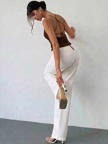 Firerie 女款優雅時尚新款音樂節派對日常度假低領交叉露背繫帶紋理吊帶連身衣，性感女款露背上衣，杏色紋理面料連身衣，露背繫帶上衣，夏威夷度假女款連身衣，春/夏裝，海灘，通勤，優雅，性感，度假，海灘，波希米亞風，夏威夷，音樂節，日常極簡風服飾 - 棕色 - 查看 9