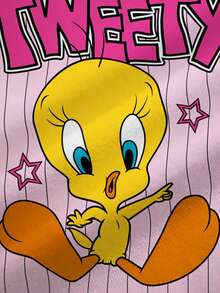 LOONEY TUNES X SHEIN 大码夏季休闲条纹字母和卡通图案短袖T恤 - 白色 - 查看 8