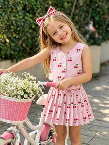 SHEIN Elladie kids 2件組少女復古蝴蝶結西裝背心外套與百褶裙套裝，設計感通勤休閒優雅穿搭 - 粉色 - 查看 10