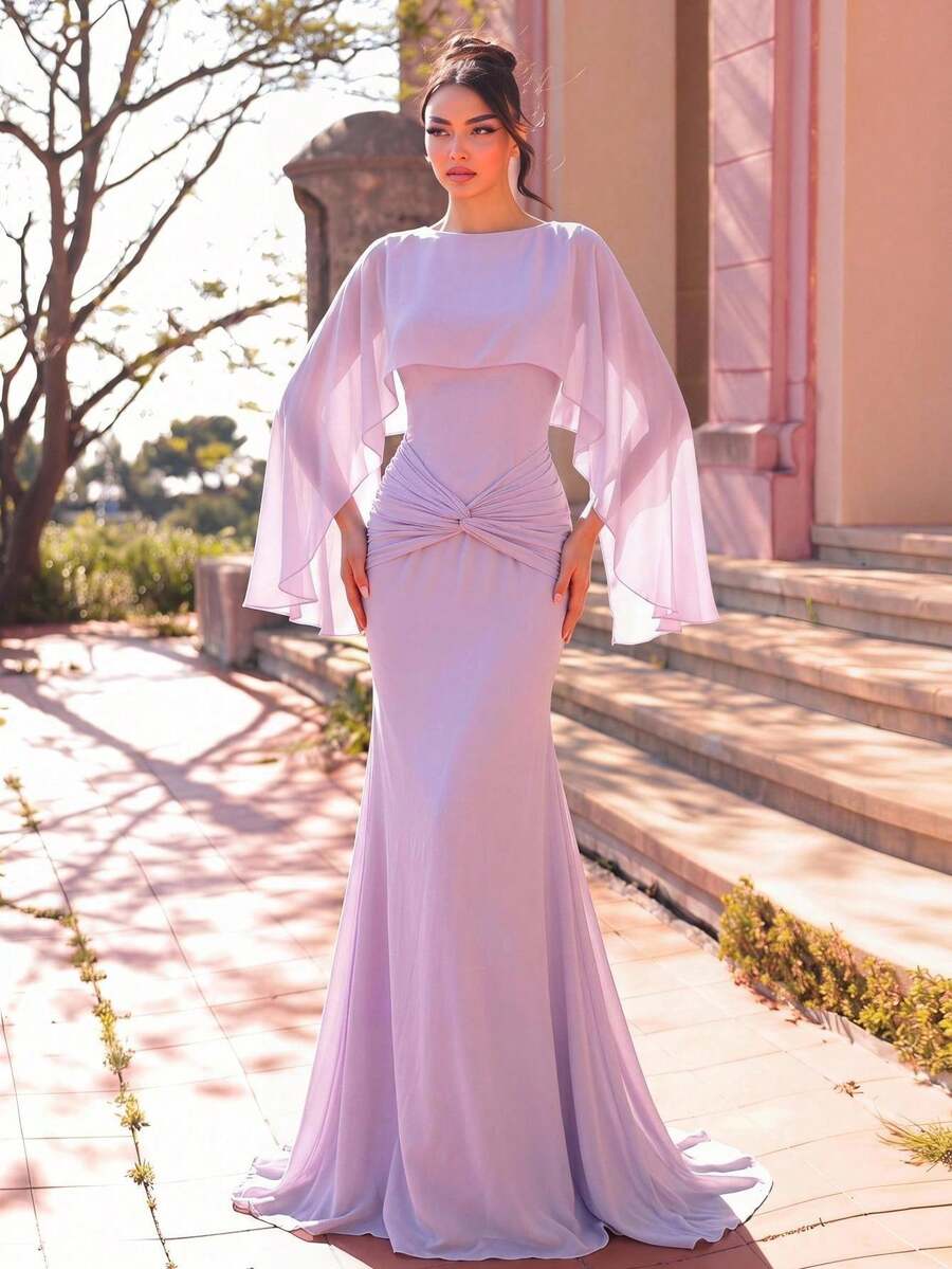 Aureia 优雅浪漫时尚的紫色雪纺面料扭结装饰鱼尾下摆长款正式派对礼服、婚礼宾客礼服、紫色连衣裙、节日礼服、伴娘礼服 - 紫色 - 查看 1