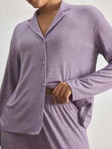 Ocili Soft Floral Print Pajama Set With Collar, Long Sleeve Top And Pants For Women - Purple - View 6
