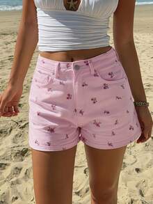 Livesso Ditsy Floral Frayed Hem Casual Women Denim Shorts - Pink - View 5