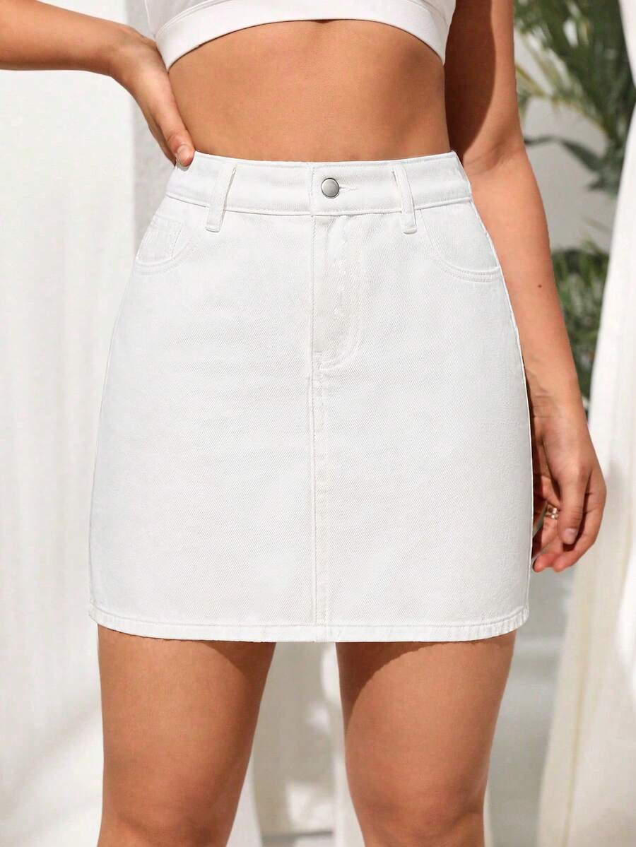 SHEIN ICON 女款高腰口袋休閒百搭牛仔裙 白色夏季度假風 - 白色 - 查看 1