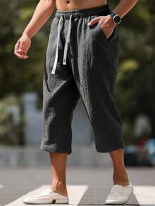 Genlund Men's Drawstring Waist Pockets Casual Solid Color Capri Cotton Pants Men Capri Short Drawstring Men Long Shorts Men Beach Pants Men Summer Pants Men Casual Shorts, Holiday Linen - Black - View 3