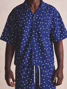 Musero Camisa de botones con hombros caídos, ajuste cuadrado, estampado de micropuntos, esencial para primavera y verano - Azul y blanco - Ver 5