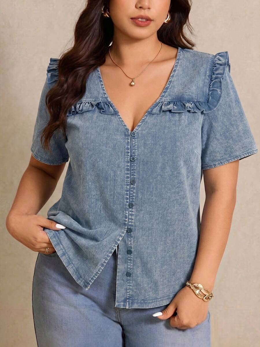 Elaquor Camisa casual de verano con volantes en el bajo y efecto lavado para tallas grandes - Celeste - Ver 1