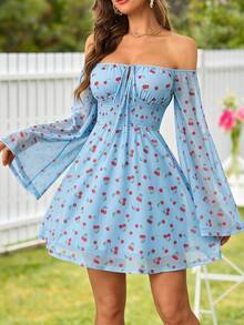 Vestido corto para mujer con mangas largas de hombros descubiertos, con estampado de cerezas y cierre delantero - Negro - Ver 8
