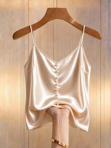 GlowEve CURVE Plus Size Satin Camisole Top For Women V-Neck Button-Down Spaghetti Strap Sleeveless Chiffon Silky Texture Elegant Sexy Tank Top Party Cocktail Summer - Apricot - View 3