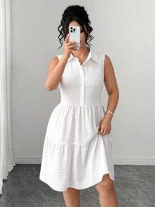 Elenzga Plus Size Summer Casual Solid Color Sleeveless Dress - White - View 5