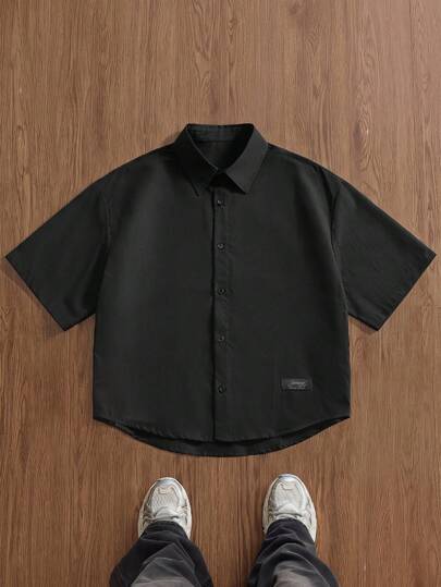 SWAVVY Men's Letter Print Short Sleeve Single-Breasted Casual Shirt Men's Loose Fit PU Short Sleeve Shirt, Streetwear Inspired