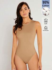 SHEIN BASICS 女款素色圓領休閒背心連身衣 - 杏色 - 查看 4