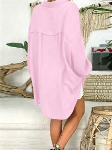 INAWLY Camisa holgada casual de unicolor para vacaciones en talla grande - Rosa - Ver 2