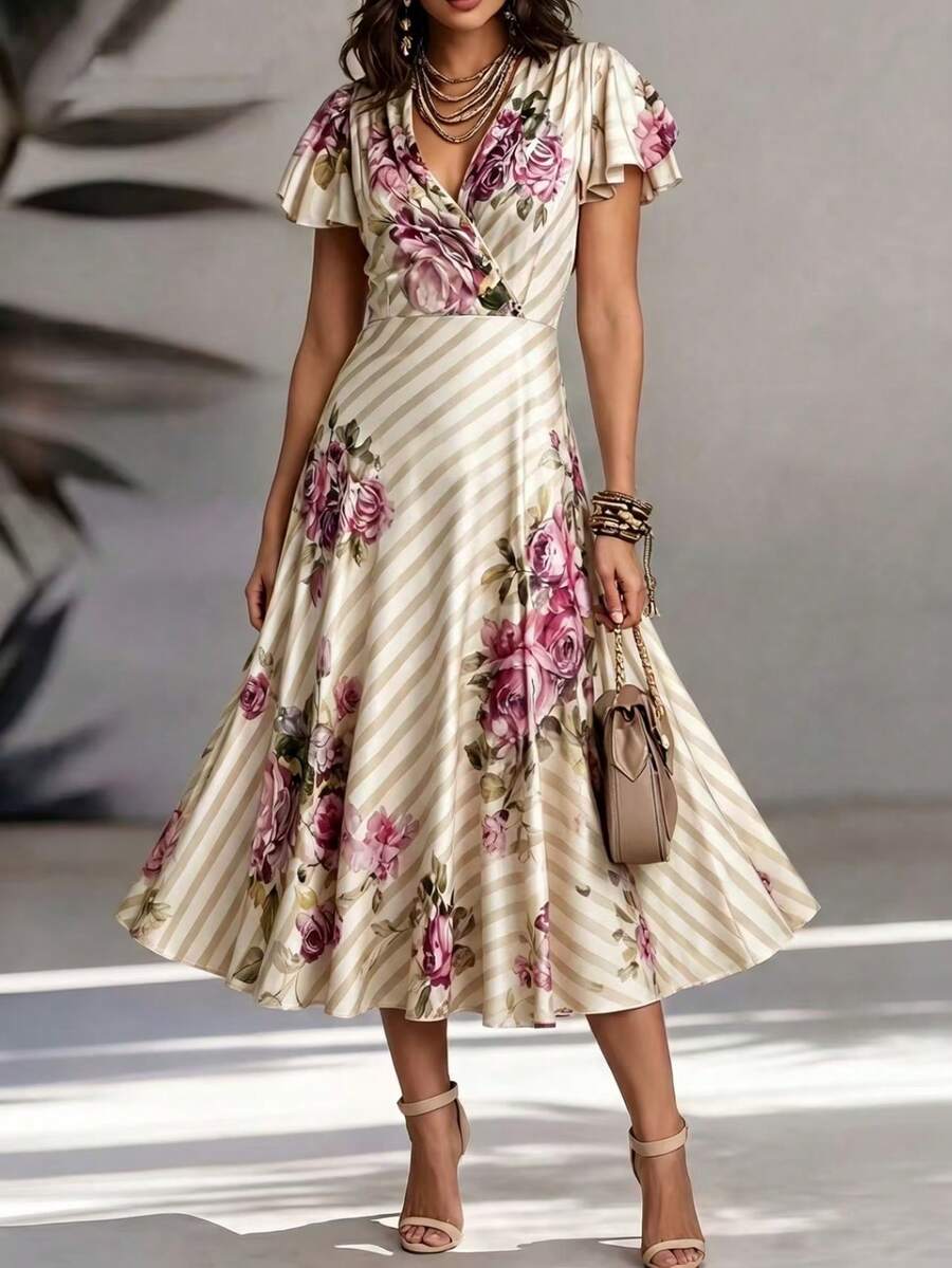 SHEIN Clasi CURVE Plus Size French Vintage Elegant Beige Print Satin Dress, Tummy Control Ruched V-Neck Short Sleeve Tea Dress Vacation Summer - Multicolor - View 1