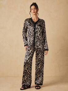 HautHeat Women's Leopard Print Lace Trim Top And Long Pants Pajama Set - Coffee Brown - View 3