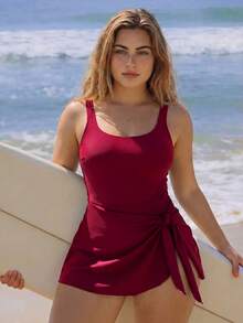 Swim SPRTY Plus Size Solid Color One-Piece Swimsuit For Vacation And Beach Summer - Burgundy - View 3
