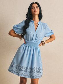 Poéselle Light Blue Floral Elegant Ditsy Floral Notched Neck Puff Sleeve Dress For Women, Summer Vacation - Blue - View 5