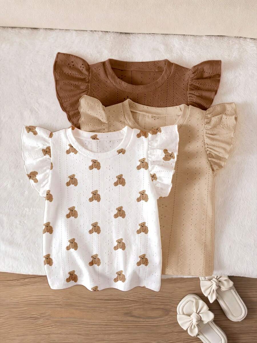 SHEIN Kaos Lengan Pendek Leher Bulat Motif Bunga Ditsy Bohemian, Garis-garis Ungu Lembut, Pola Pita 3D, Kasual, Sederhana, Serbaguna untuk Anak Perempuan, 1 buah, Cocok untuk Musim Semi - Coklat - View 1
