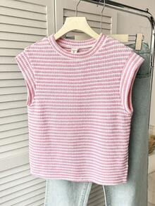 SHEIN 青少年女孩背心上衣與吊帶衫 針織提花條紋圓領上衣 - 粉色 - 查看 3