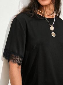 Nubod Plus Size Women's A-Line Lace Patchwork Casual Elegant T-Shirt, Romantic French Style Suitable For Office Date Night And Daily Wear, Spring/Summer - Black - View 7