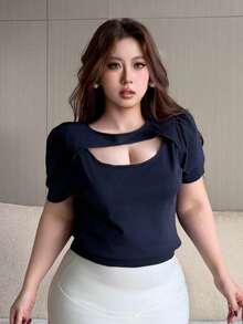 Dazy Plus Solid Color Polo Collar Fitted Short Sleeve Knit Top, Short Sleeve, Spring Summer Autumn Date Night Navy Blue Sexy - Navy Blue - View 6