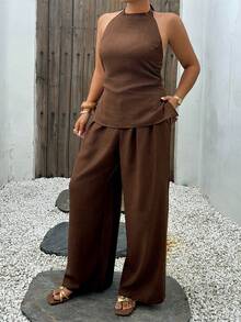 Dazy Plus Solid Color Fun Commuter Set, Mock Neck Tie Back Sleeveless Top, Long Loose Casual Maxi Skirt, Plus Size Women's Spring Summer Brown 2-Piece Set - Brown - View 7