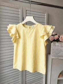 SHEIN LMoss Kids 女童編織素色圓領荷葉邊修身休閒襯衫 - 黃色 - 查看 3