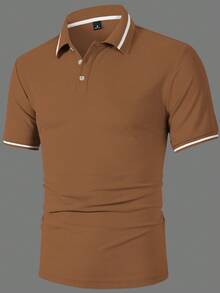 Calvornis 男士條紋拼色半門襟鈕扣短袖 Polo 衫，儀式穿著 - 棕色 - 查看 4